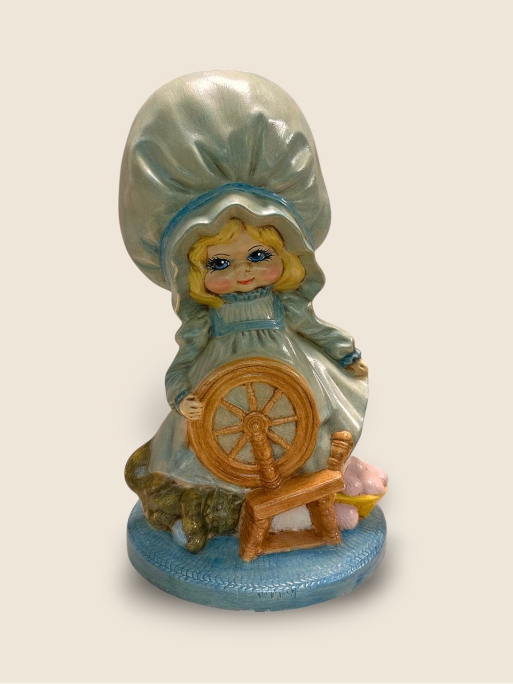 Vintage Handmade Ceramic Spinning Wheel Girl Figurine Blue Bonnet 11”